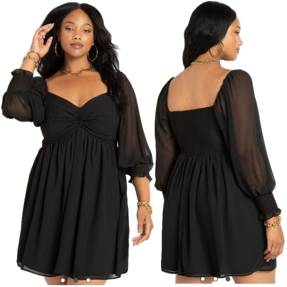 Eloquii Twisted Bodice Mini Dress Size 16 Black Babydoll Sheer Balloon Sleeve - Picture 1 of 14